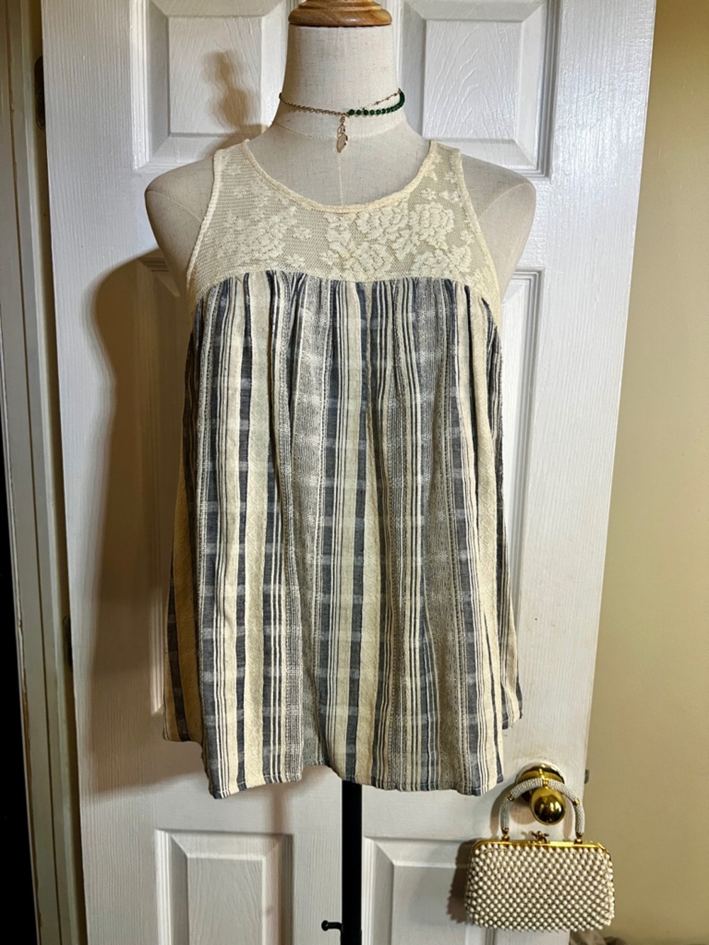 Chloe & Katie Wms Y2K Cotton Gauze Striped Lace Pleated Boho Chic Babydoll Top L